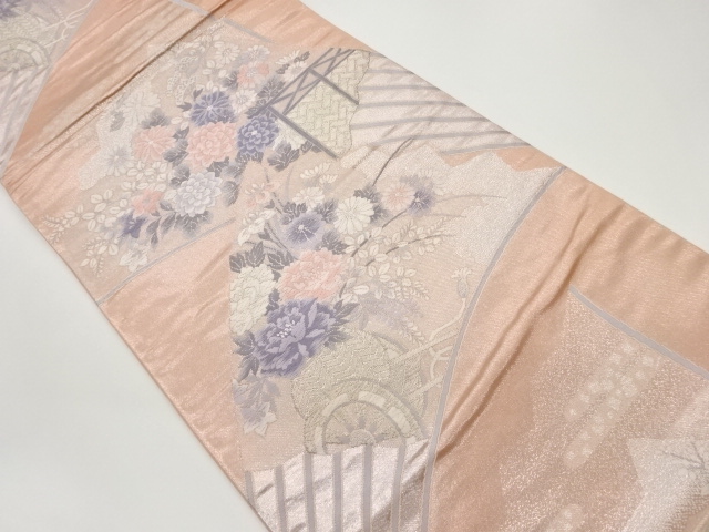 扇に花車・秋草模様織出し袋帯